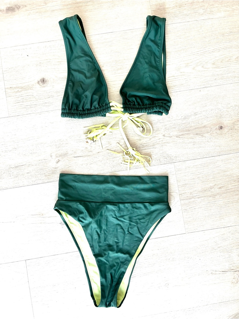 Aerie Deep Green High-Waist Bikini Set with Lime Accents, Sz XS